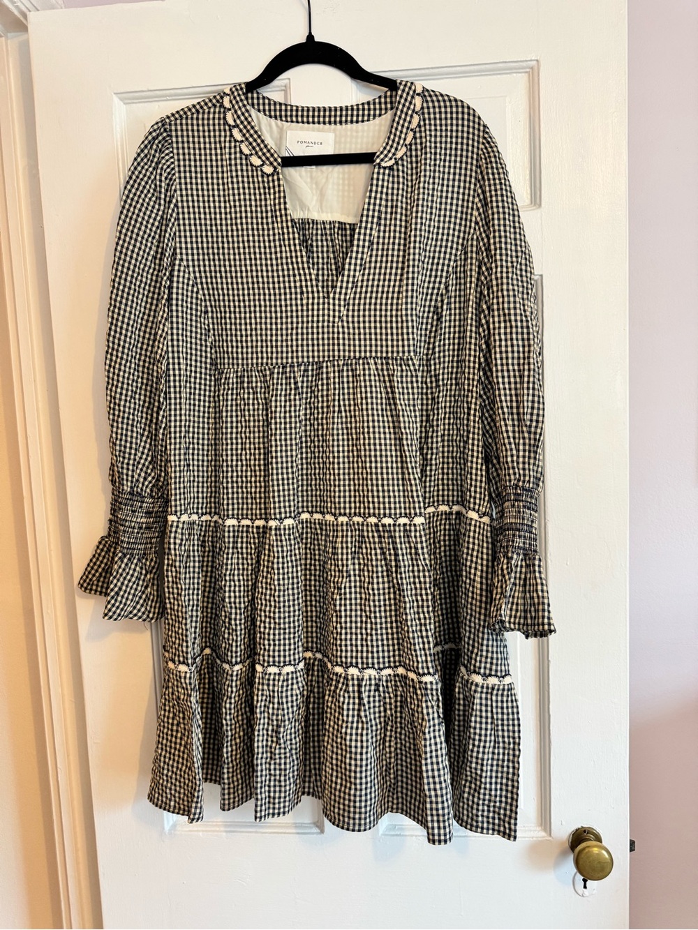 Pomander Place Navy & White Gingham Tiered Long-Sleeve Mini Dress, XXL